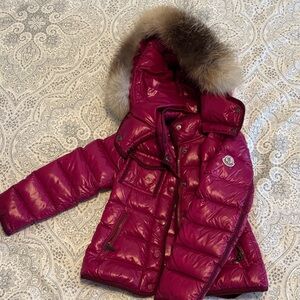 Moncler Plum Puffer Jacket with Fur Trim
